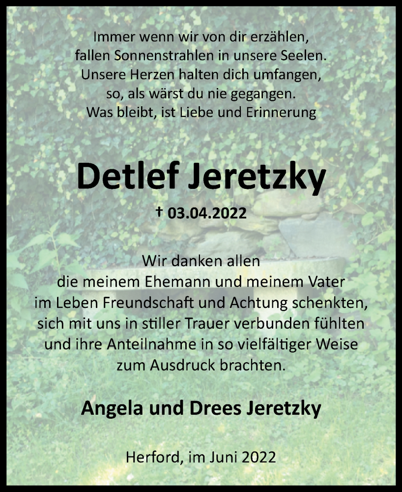  Traueranzeige für Detlef Jeretzky vom 04.06.2022 aus Westfalen-Blatt
