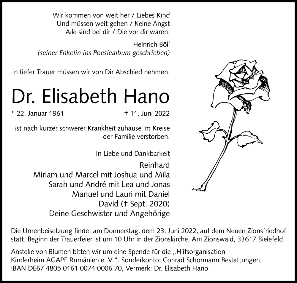  Traueranzeige für Elisabeth Hano vom 16.06.2022 aus Westfalen-Blatt