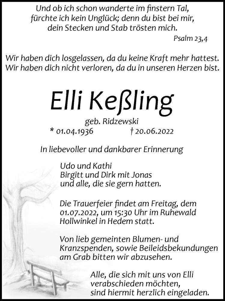  Traueranzeige für Elli Keßling vom 23.06.2022 aus Westfalen-Blatt
