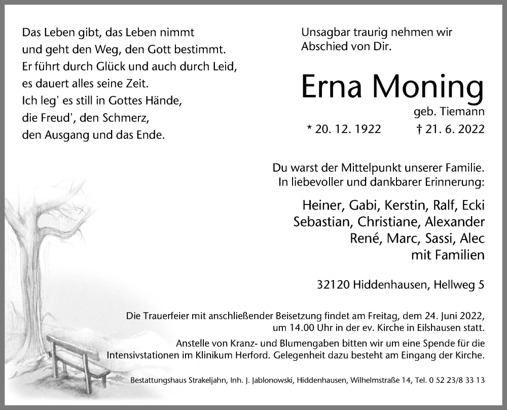 Traueranzeige für Erna Moning vom 23.06.2022 aus Westfalen-Blatt