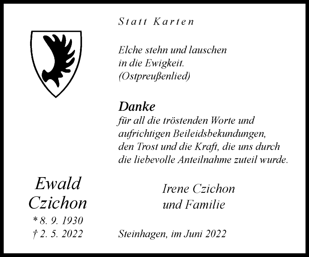  Traueranzeige für Ewald Czichon vom 11.06.2022 aus Westfalen-Blatt