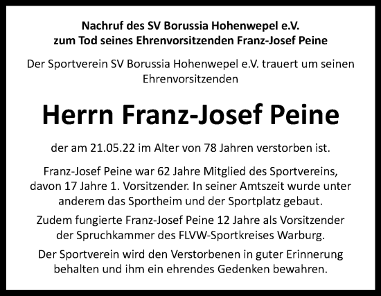 Traueranzeigen von FranzJosef Peine www.westfalenblatt.de