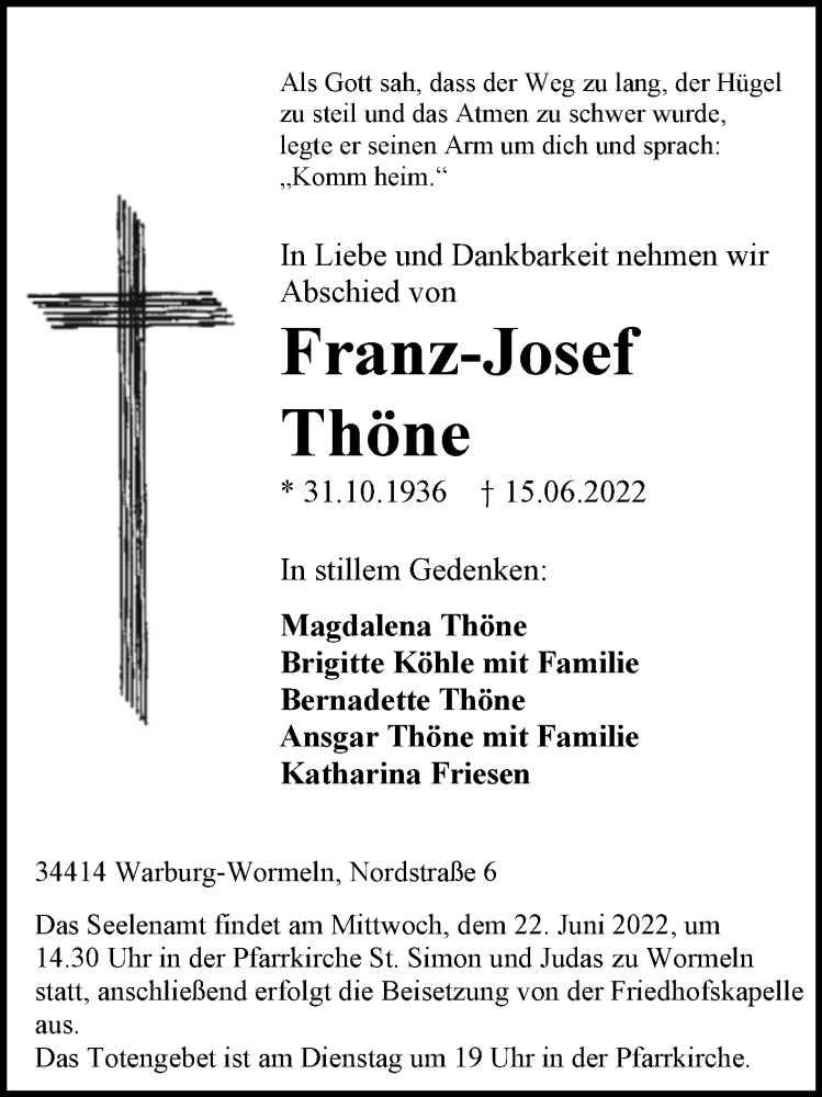  Traueranzeige für Franz-Josef Thöne vom 18.06.2022 aus Westfalen-Blatt