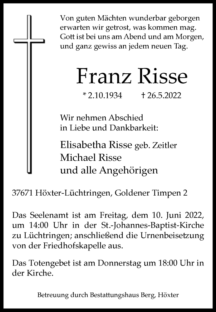  Traueranzeige für Franz Risse vom 04.06.2022 aus Westfalen-Blatt