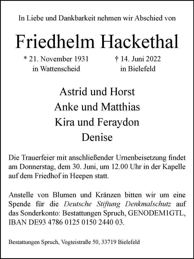  Traueranzeige für Friedhelm Hackethal vom 25.06.2022 aus Westfalen-Blatt