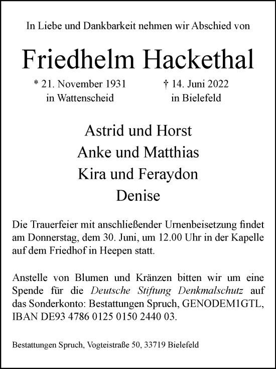 Traueranzeige von Friedhelm Hackethal von Westfalen-Blatt