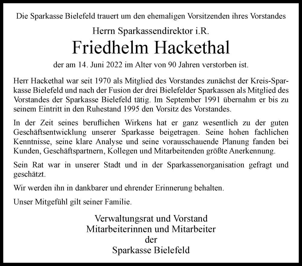  Traueranzeige für Friedhelm Hackethal vom 25.06.2022 aus Westfalen-Blatt