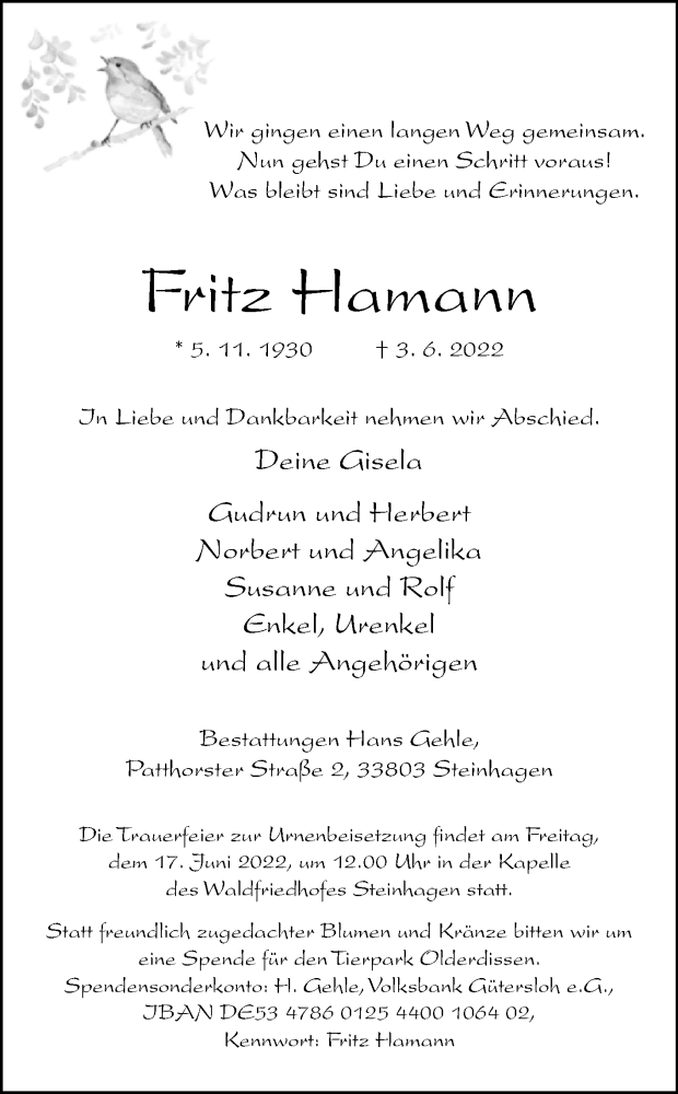  Traueranzeige für Fritz Hamann vom 11.06.2022 aus Westfalen-Blatt