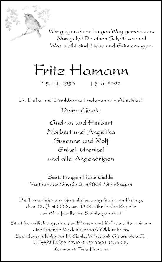 Traueranzeige von Fritz Hamann von Westfalen-Blatt