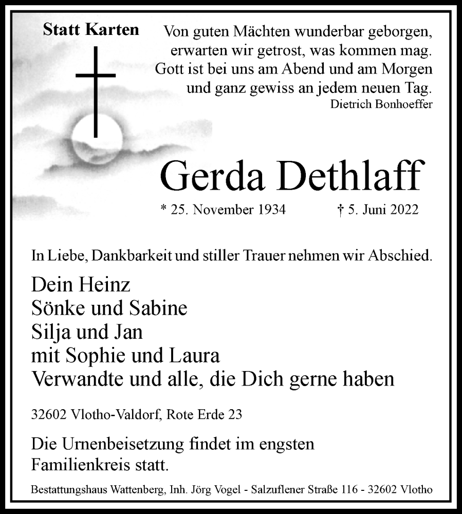  Traueranzeige für Gerda Dethlaff vom 11.06.2022 aus Westfalen-Blatt