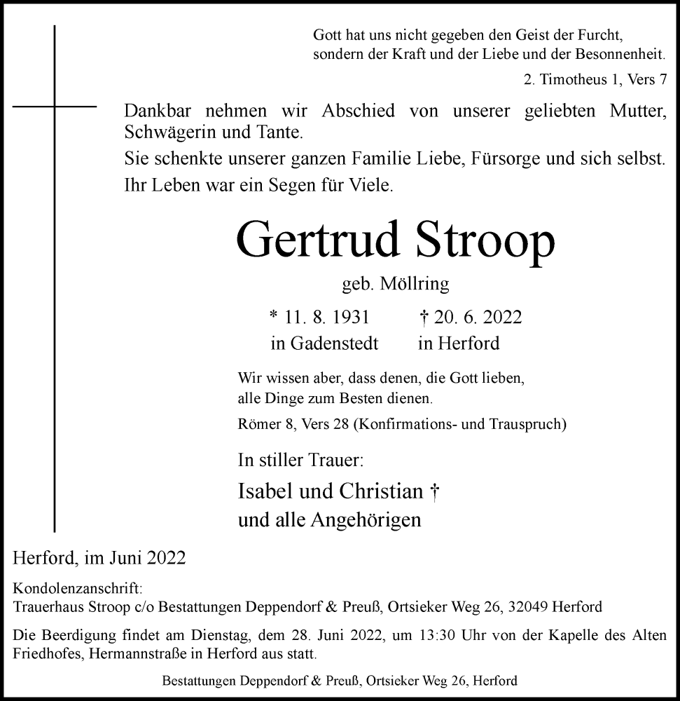  Traueranzeige für Gertrud Stroop vom 22.06.2022 aus Westfalen-Blatt