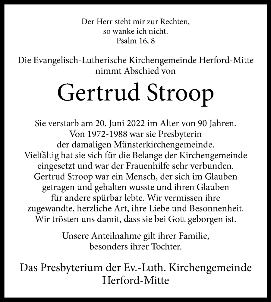  Traueranzeige für Gertrud Stroop vom 28.06.2022 aus Westfalen-Blatt