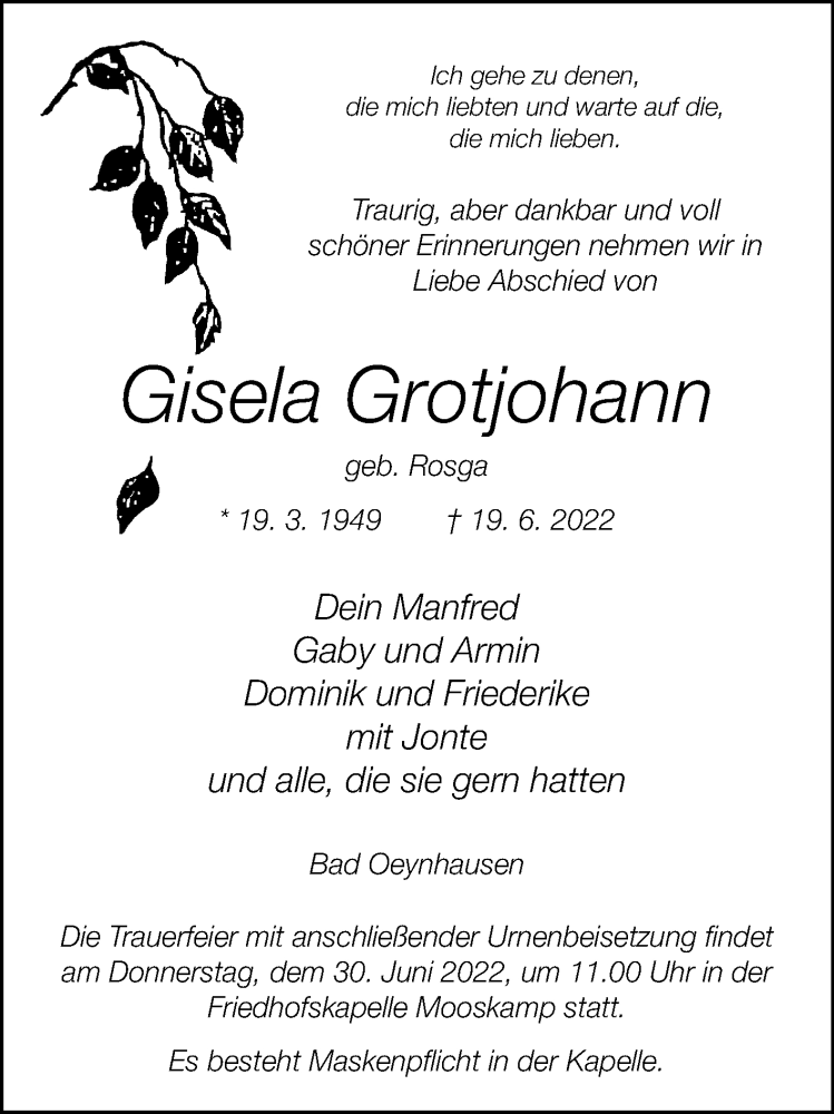  Traueranzeige für Gisela Grotjohann vom 25.06.2022 aus Westfalen-Blatt