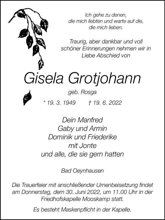 Traueranzeige von Gisela Grotjohann von Westfalen-Blatt