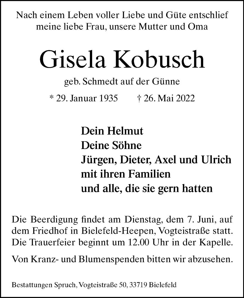  Traueranzeige für Gisela Kobusch vom 01.06.2022 aus Westfalen-Blatt