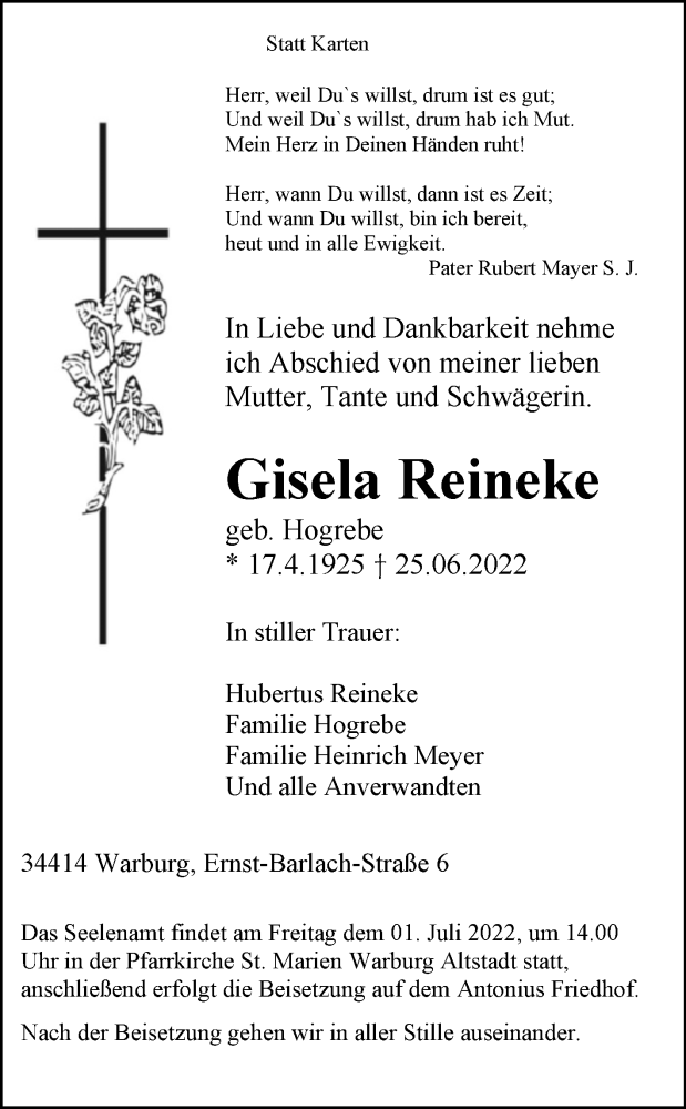  Traueranzeige für Gisela Reineke vom 28.06.2022 aus Westfalen-Blatt