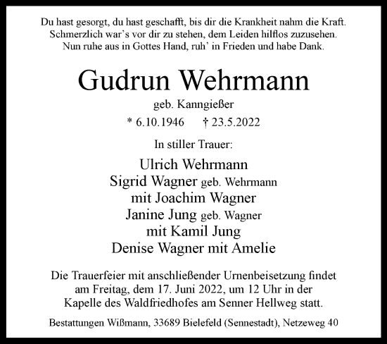 Traueranzeige von Gudrun Wehrmann von Westfalen-Blatt