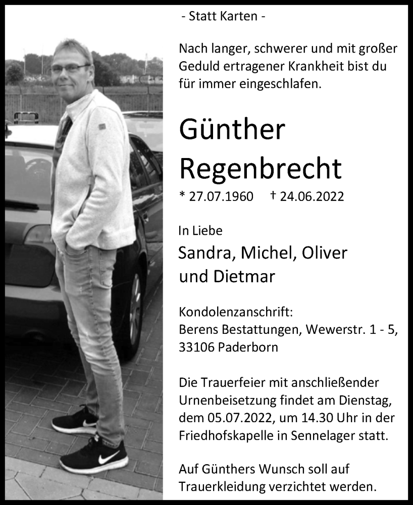  Traueranzeige für Günther Regenbrecht vom 29.06.2022 aus Westfalen-Blatt