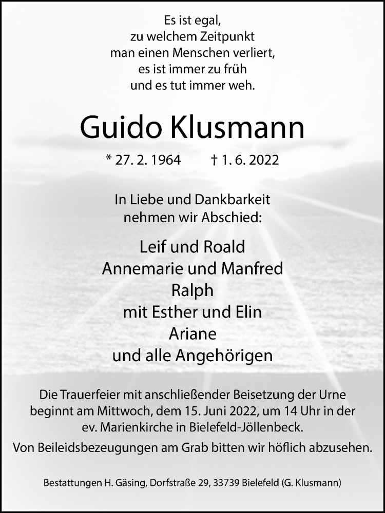  Traueranzeige für Guido Klusmann vom 11.06.2022 aus Westfalen-Blatt