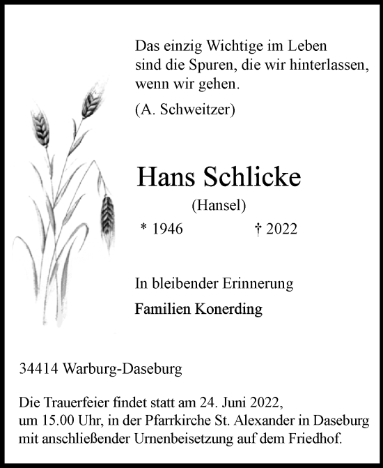 Traueranzeige von Hans Schlicke von Westfalen-Blatt