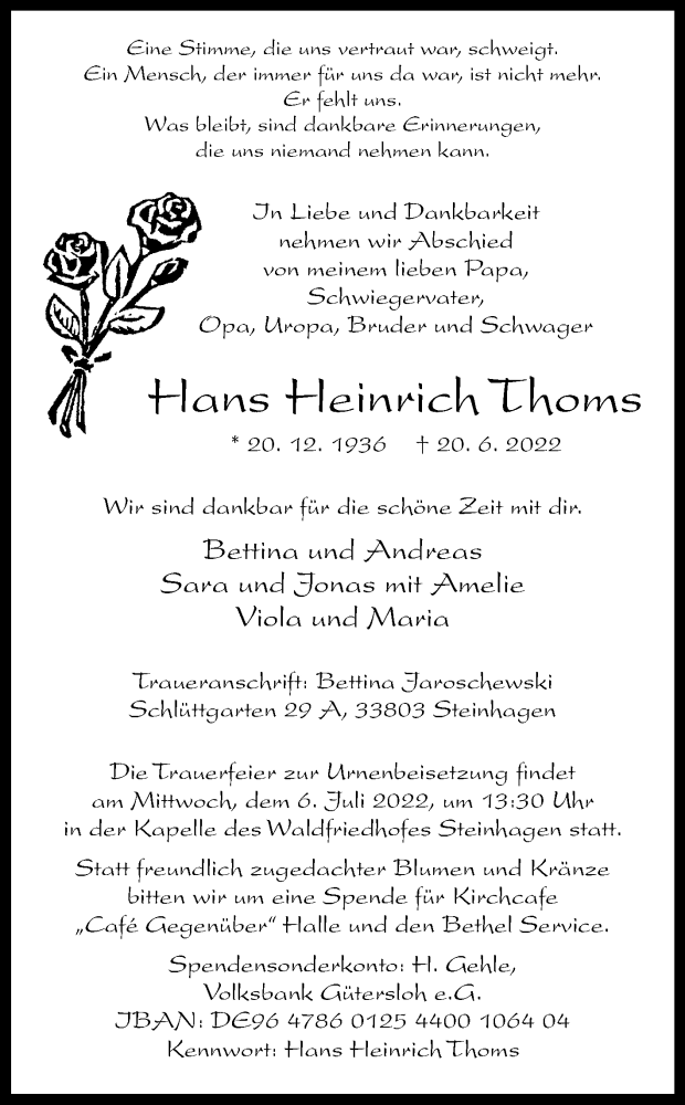  Traueranzeige für Hans Heinrich Thoms vom 25.06.2022 aus Westfalen-Blatt