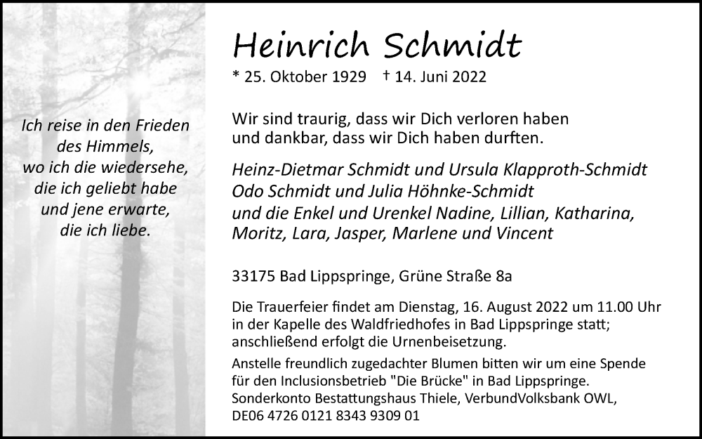  Traueranzeige für Heinrich Schmidt vom 25.06.2022 aus Westfalen-Blatt