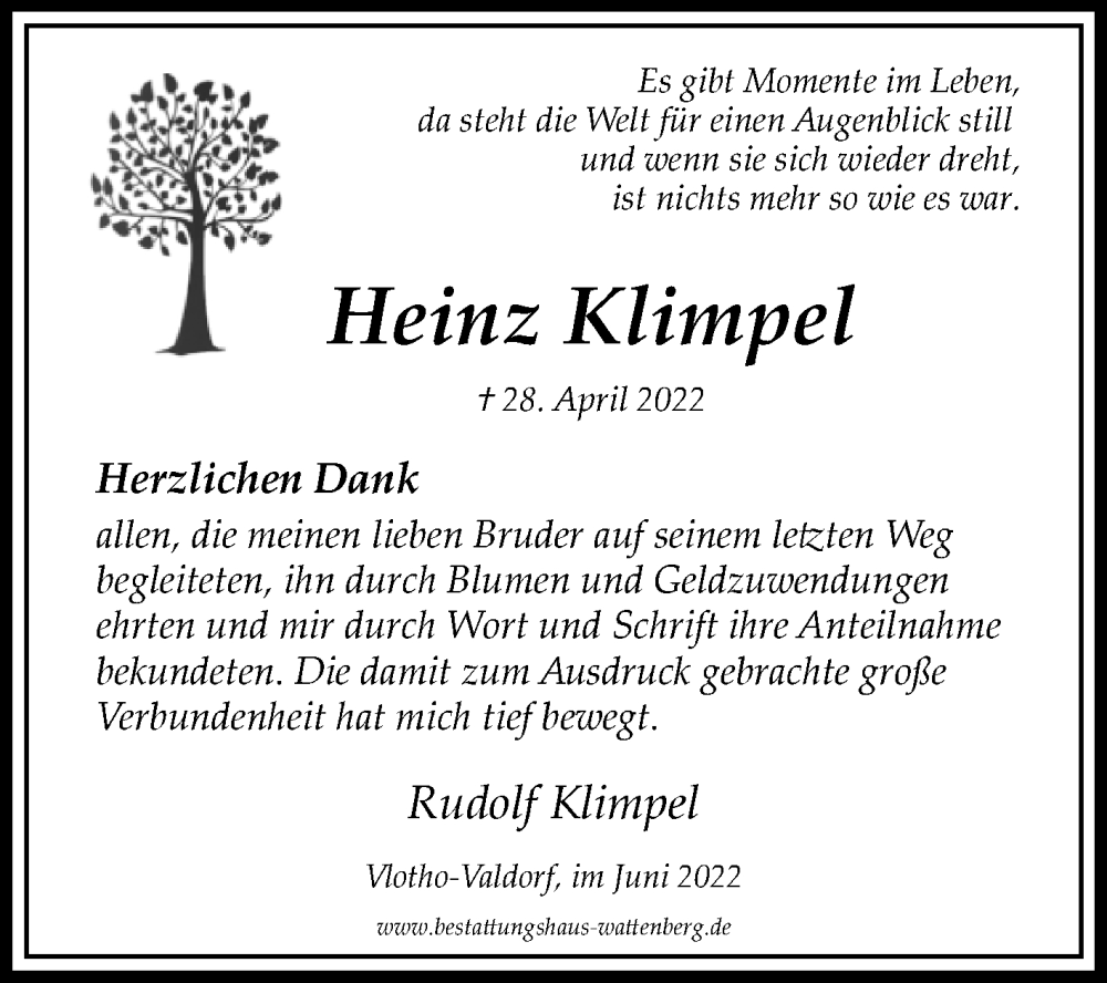  Traueranzeige für Heinz Klimpel vom 04.06.2022 aus Westfalen-Blatt