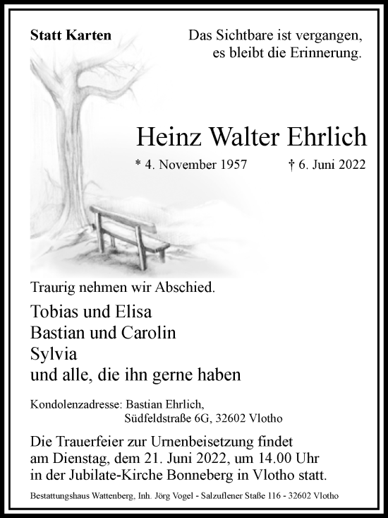 Traueranzeige von Heinz Walter Ehrlich von Westfalen-Blatt