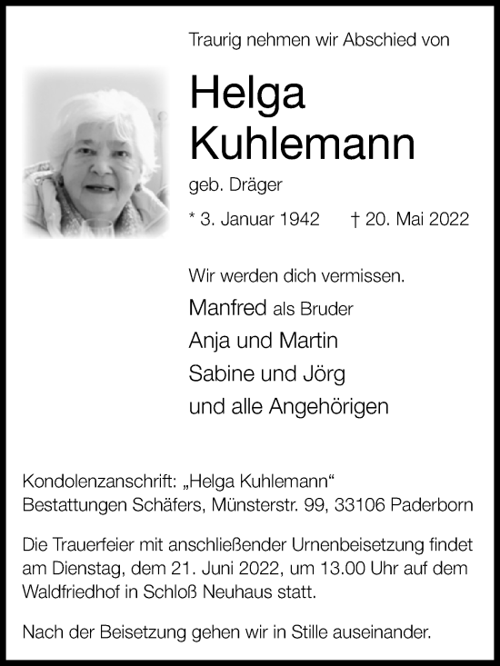 Traueranzeige von Helga Kuhlemann von Westfalen-Blatt