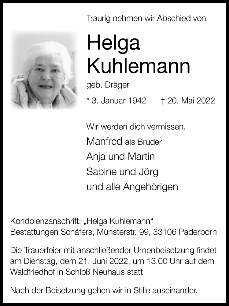  Traueranzeige für Helga Kuhlemann vom 18.06.2022 aus Westfalen-Blatt