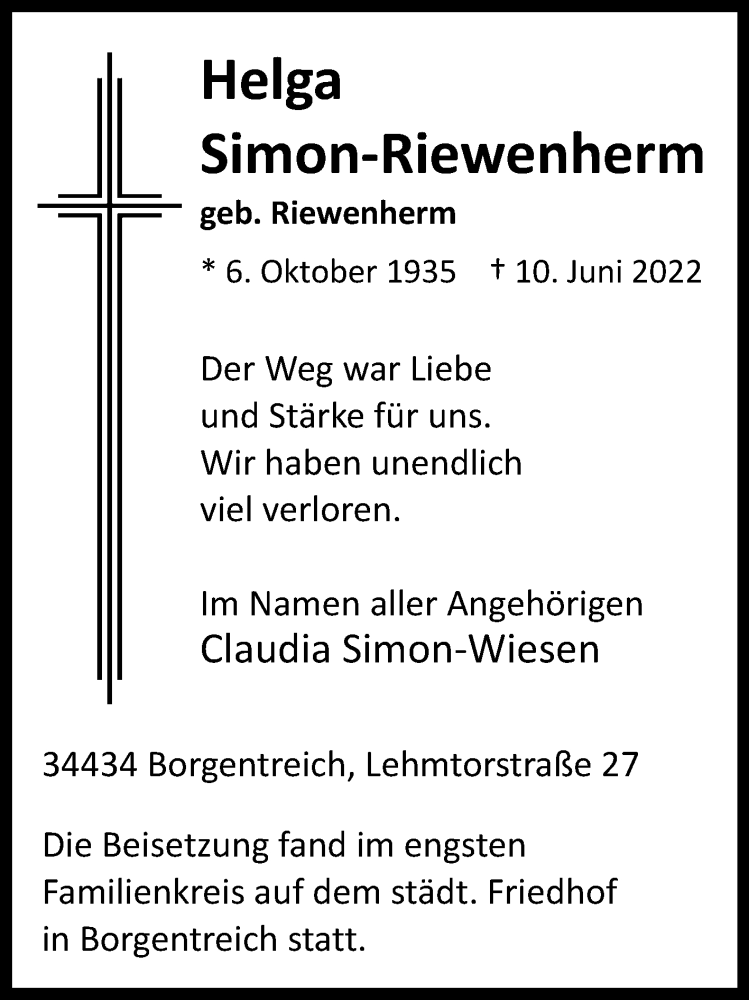  Traueranzeige für Helga Simon-Riewenherm vom 18.06.2022 aus Westfalen-Blatt