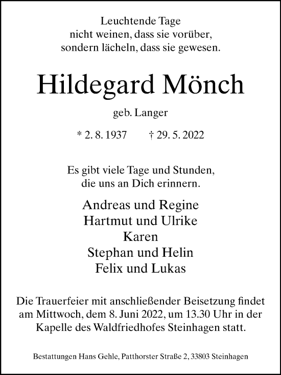 Traueranzeige von Hildegard Mönch von Westfalen-Blatt