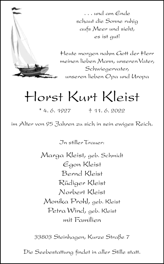 Traueranzeige von Horst Kurt Kleist von Westfalen-Blatt