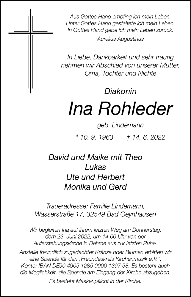  Traueranzeige für Ina Rohleder vom 18.06.2022 aus Westfalen-Blatt
