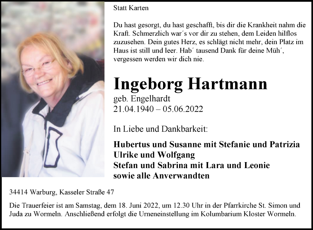  Traueranzeige für Ingeborg Hartmann vom 11.06.2022 aus Westfalen-Blatt