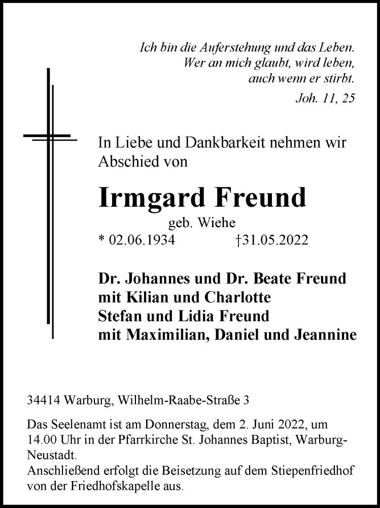  Traueranzeige für Irmgard Freund vom 01.06.2022 aus Westfalen-Blatt