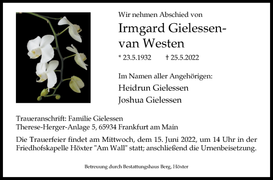 Traueranzeige von Irmgard Gielessen-van Westen von Westfalen-Blatt