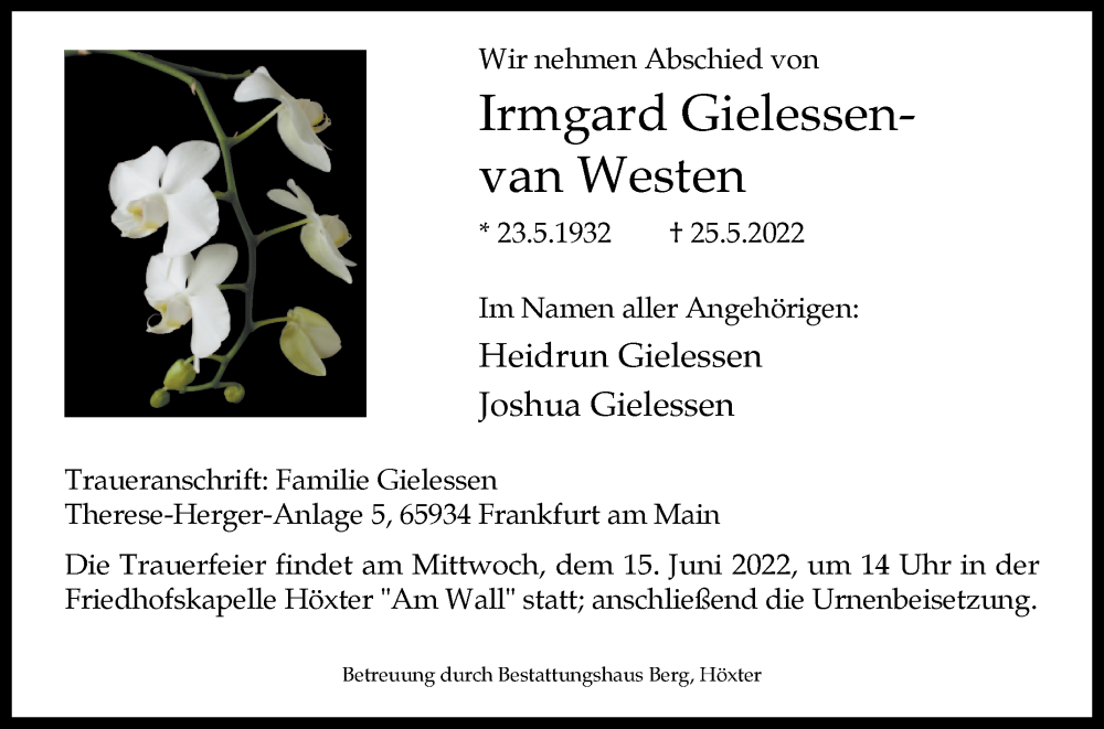  Traueranzeige für Irmgard Gielessen-van Westen vom 04.06.2022 aus Westfalen-Blatt