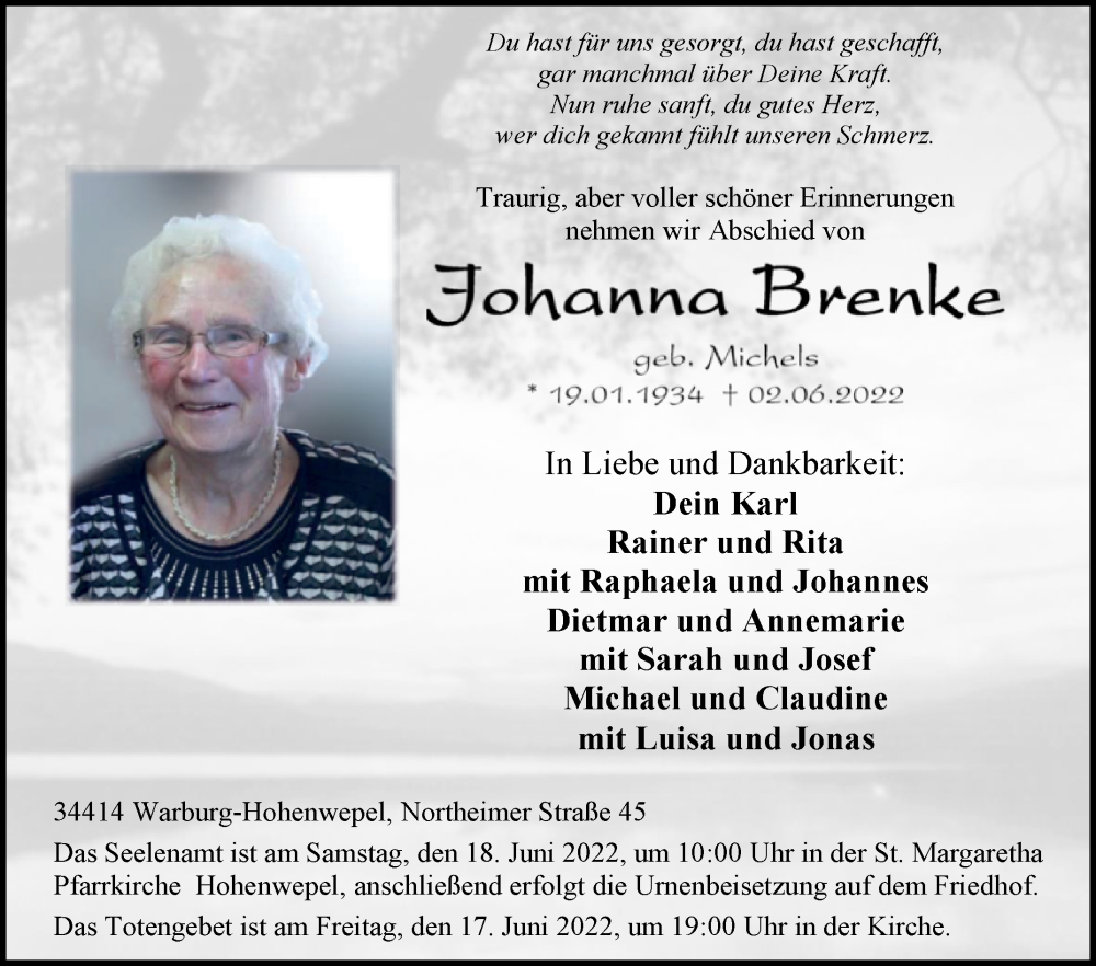  Traueranzeige für Johanna Brenke vom 11.06.2022 aus Westfalen-Blatt