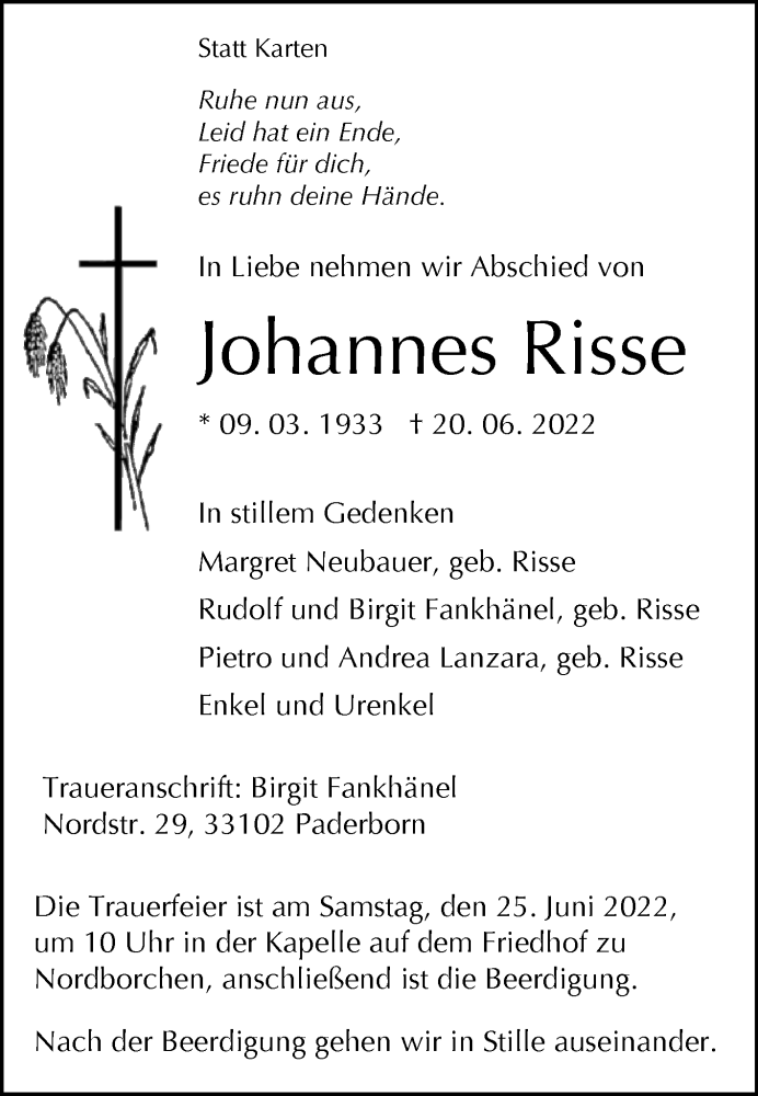 Traueranzeige für Johannes Risse vom 22.06.2022 aus Westfalen-Blatt