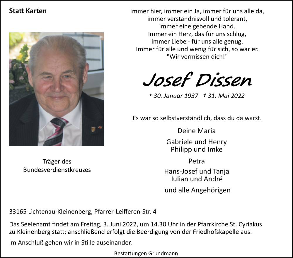  Traueranzeige für Josef Dissen vom 01.06.2022 aus Westfalen-Blatt