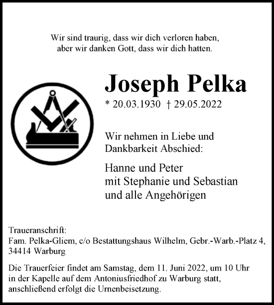 Traueranzeige von Joseph Pelka von Westfalen-Blatt