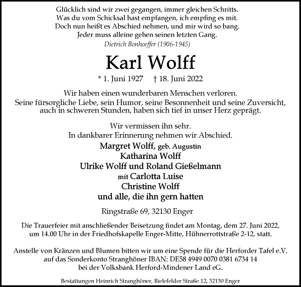  Traueranzeige für Karl Wolff vom 22.06.2022 aus Westfalen-Blatt