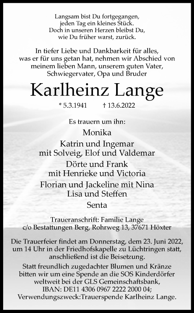  Traueranzeige für Karlheinz Lange vom 18.06.2022 aus Westfalen-Blatt