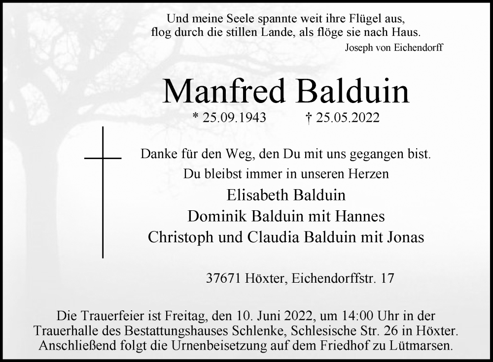  Traueranzeige für Manfred Balduin vom 01.06.2022 aus Westfalen-Blatt