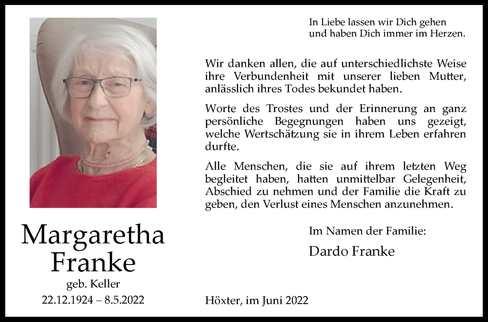  Traueranzeige für Margaretha Franke vom 11.06.2022 aus Westfalen-Blatt