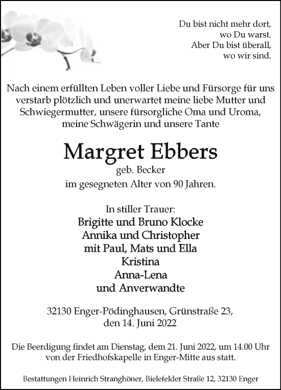 Traueranzeige von Margret Ebbers von Westfalen-Blatt