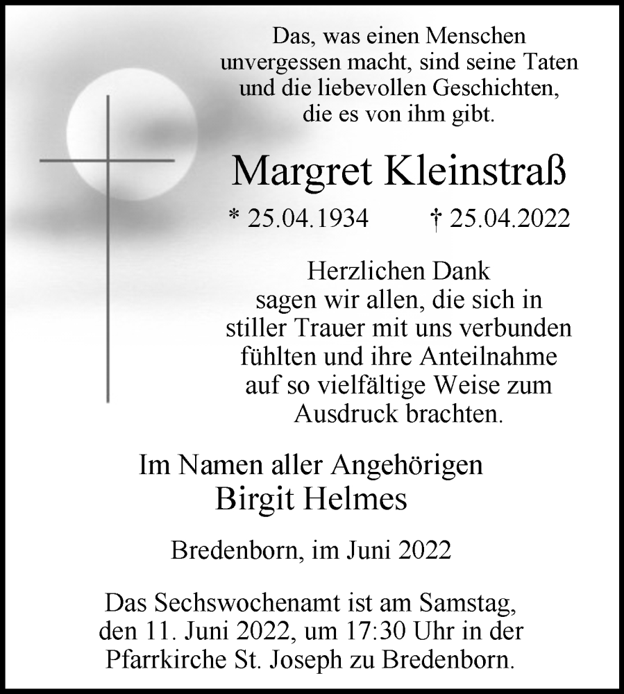  Traueranzeige für Margret Kleinstraß vom 04.06.2022 aus Westfalen-Blatt
