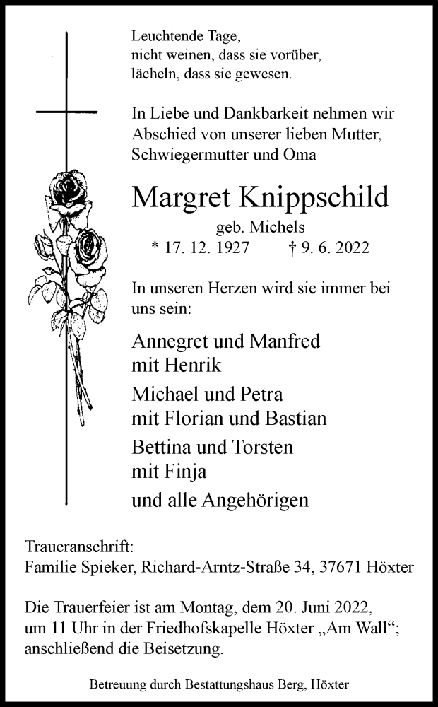  Traueranzeige für Margret Knippschild vom 11.06.2022 aus Westfalen-Blatt