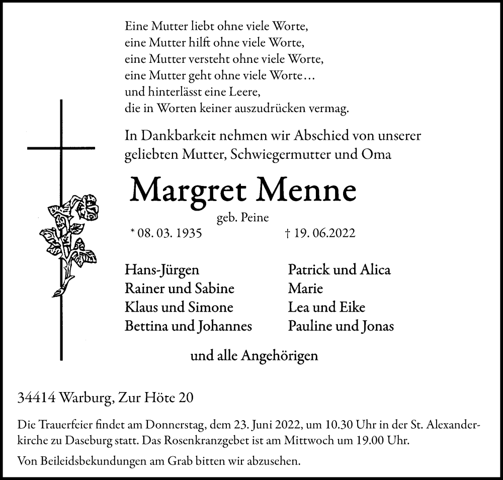  Traueranzeige für Margret Menne vom 22.06.2022 aus Westfalen-Blatt